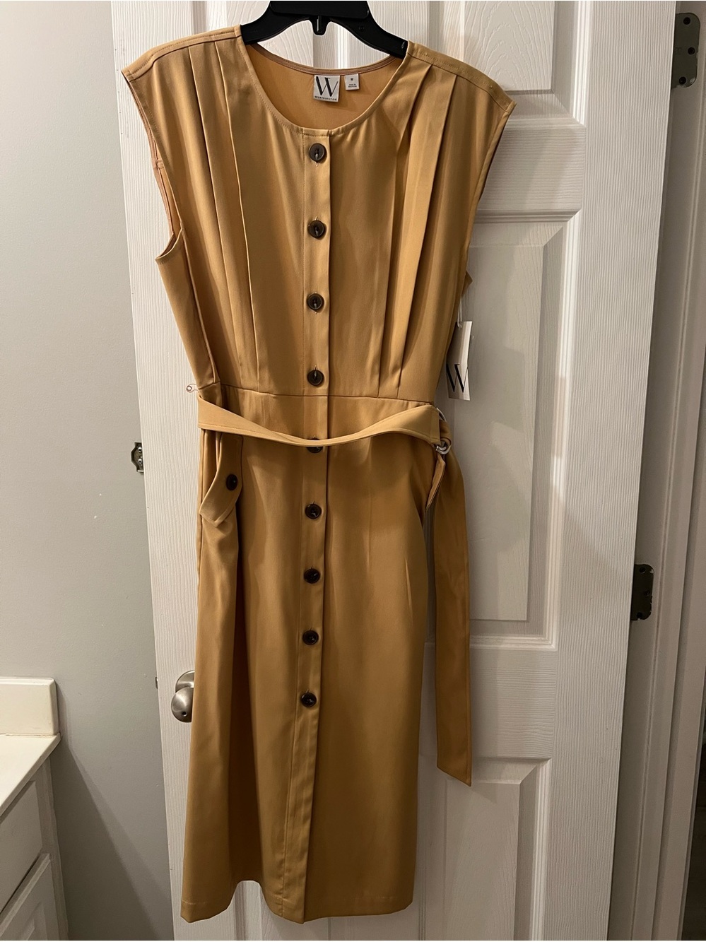 Worthington Sleeveless Button-Front Belted Midi Dress in Camel